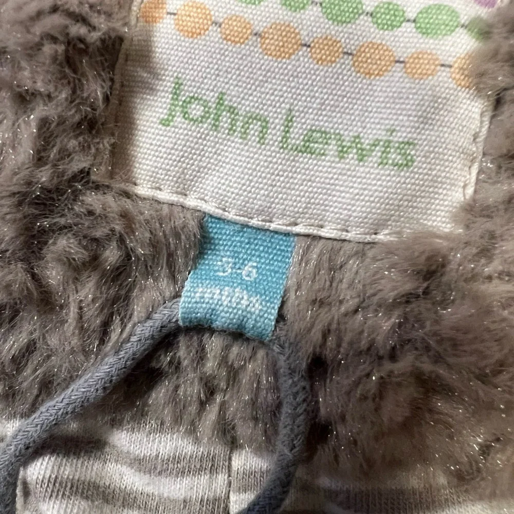 John Lewis UK Plush Bear Ears Hooded Pram Suit One Piece Gray Taupe 3-6 Months